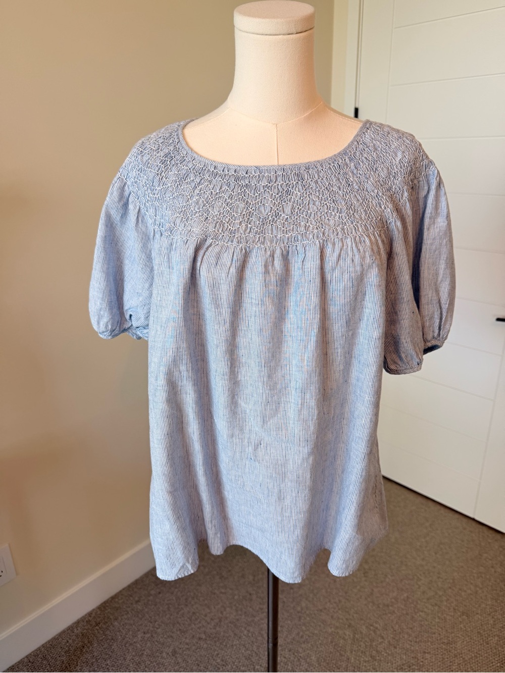 Margaret O'Leary Light Blue Smocked Yoke Peasant Top